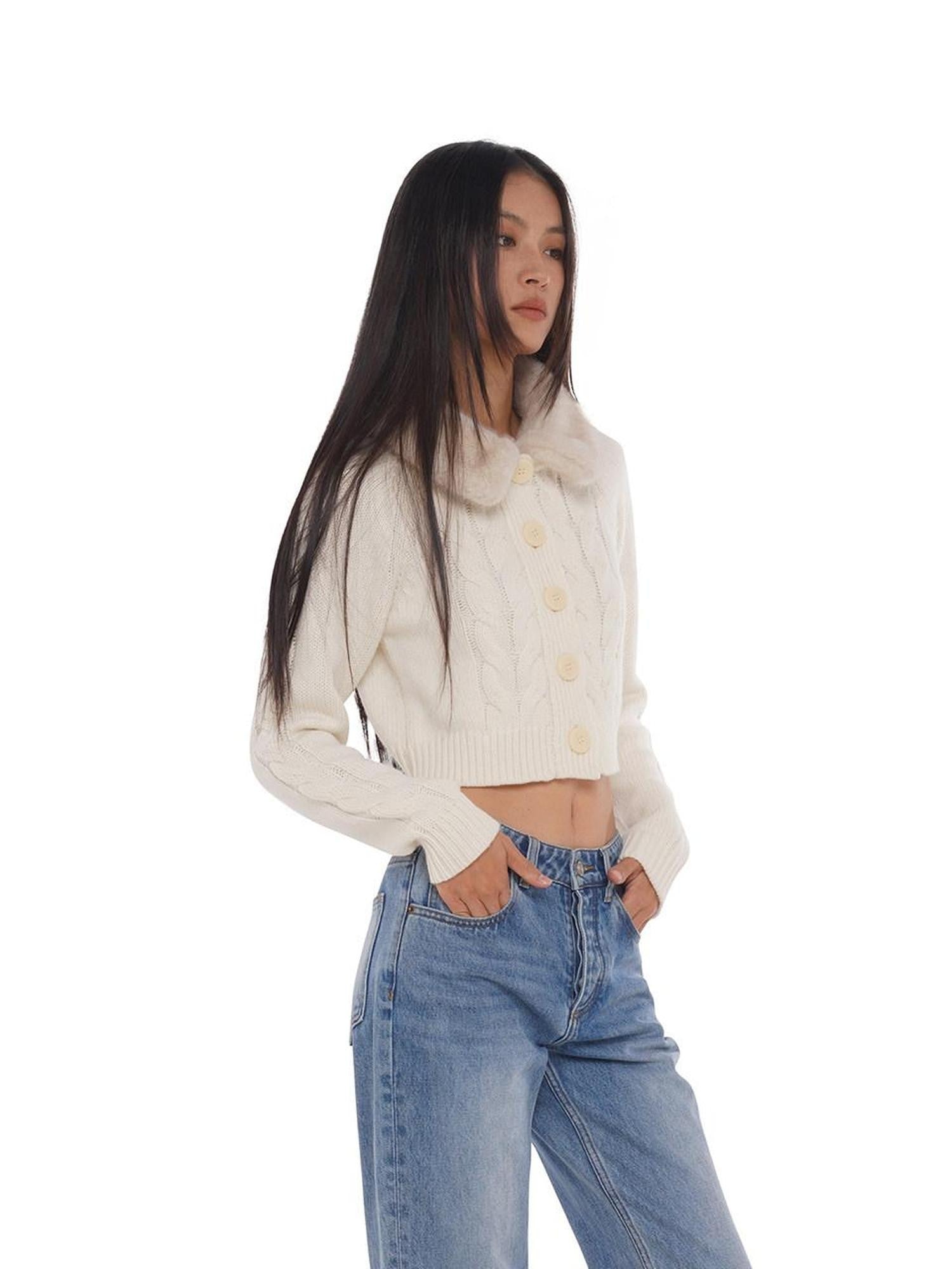 SweetChilling Detachable Fur Collar Short Loose Fit Women&