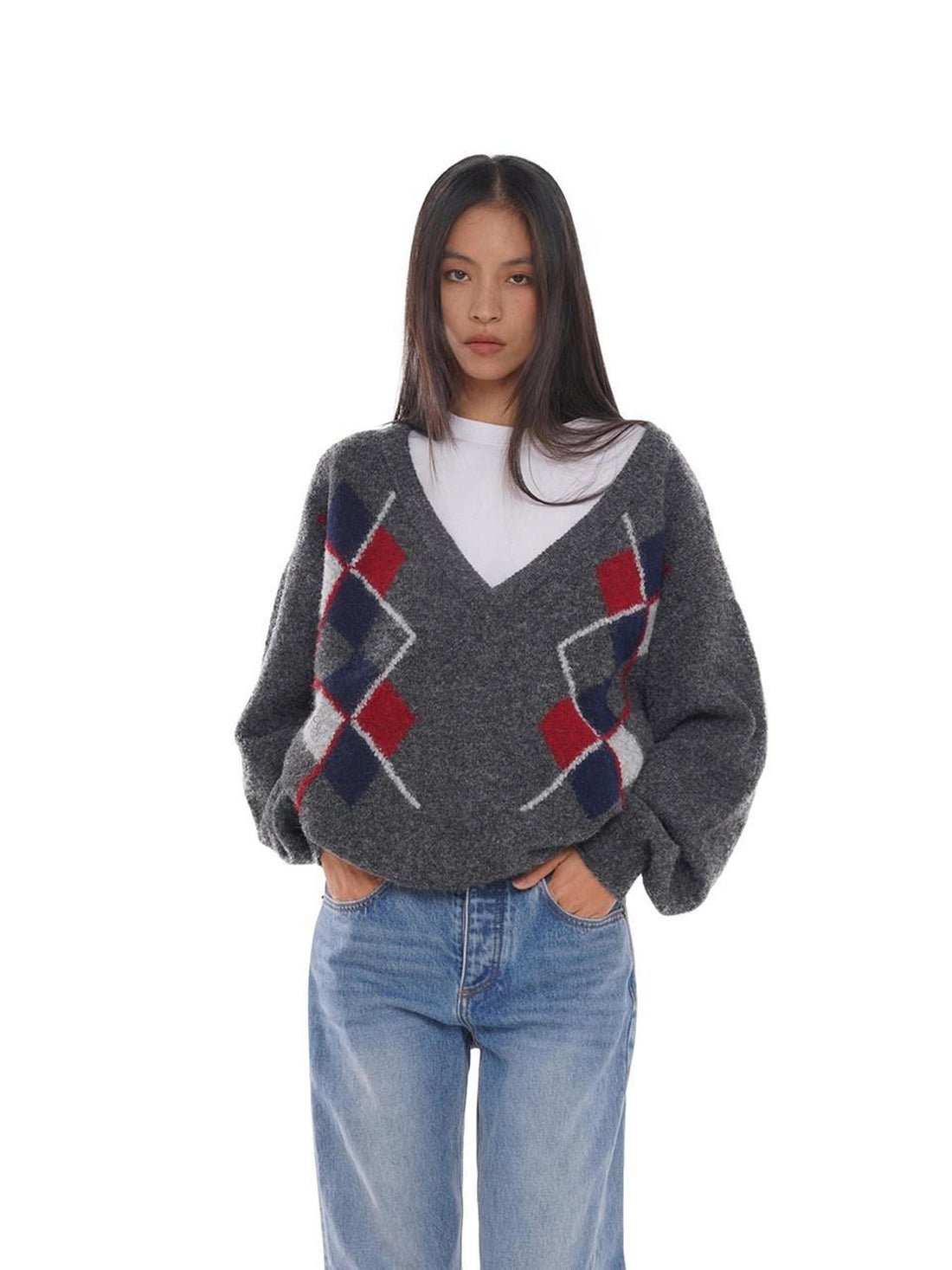 SweetChilling Diamond Argyle Jacquard Deep V-neck Oversized Women&