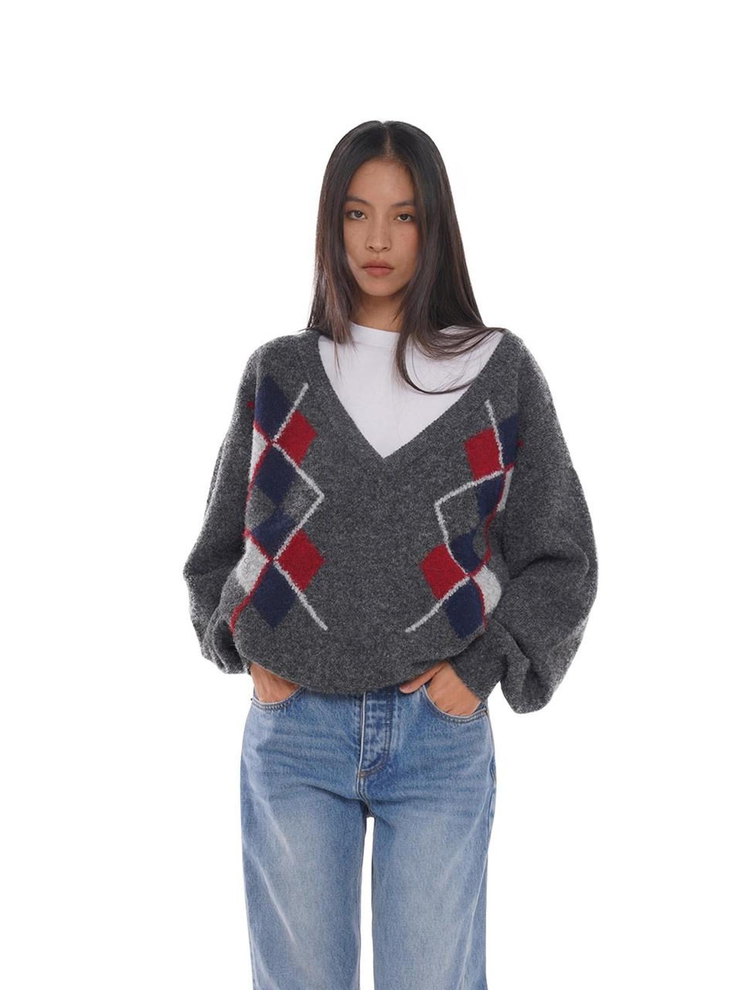 SweetChilling Diamond Argyle Jacquard Deep V-neck Oversized Women&
