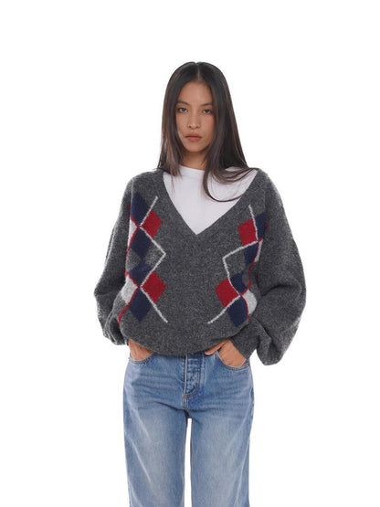 SweetChilling Diamond Argyle Jacquard Deep V-neck Oversized Women&