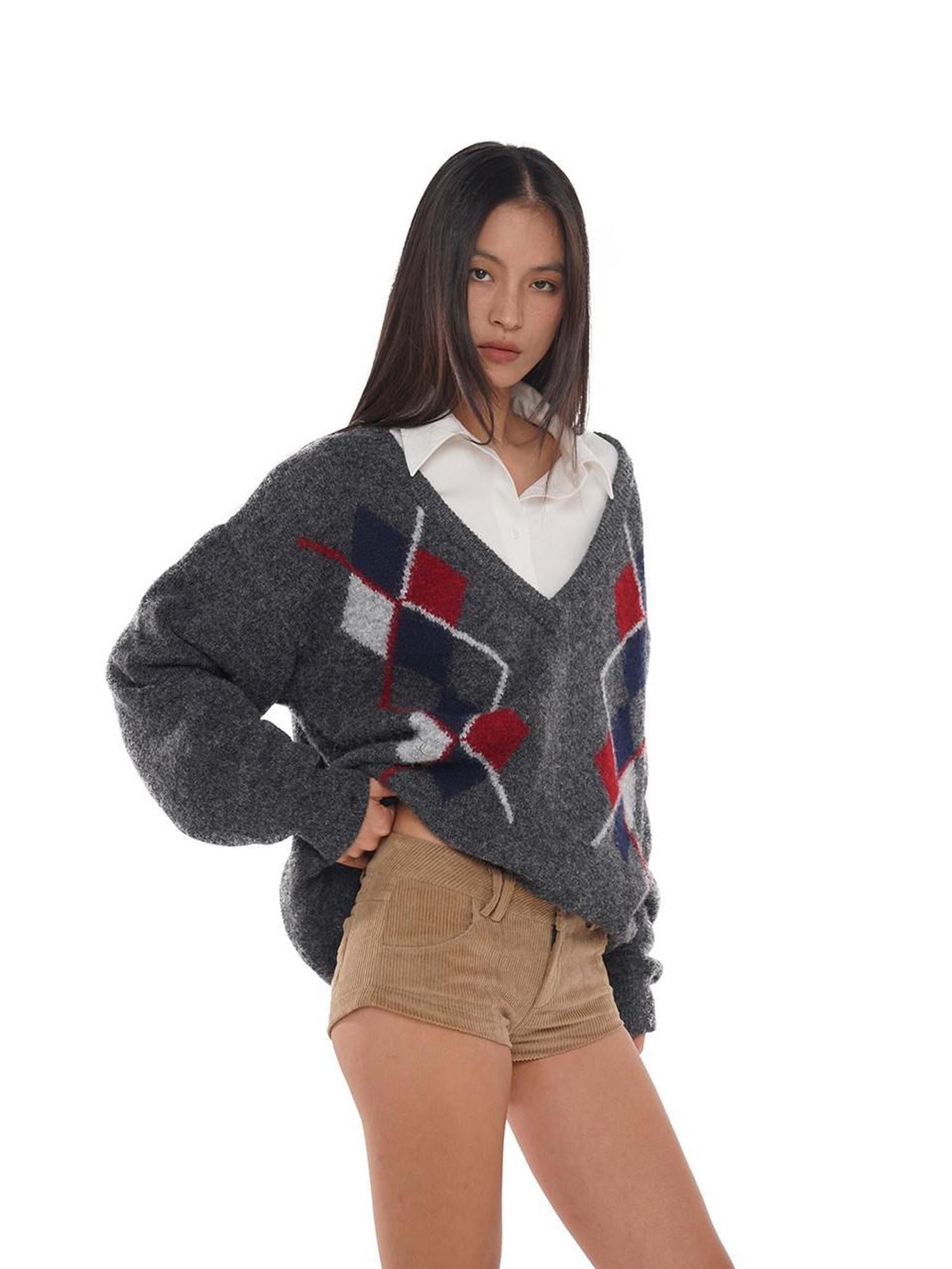 SweetChilling Diamond Argyle Jacquard Deep V-neck Oversized Women&