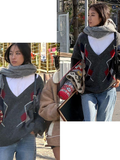 SweetChilling Diamond Argyle Jacquard Deep V-neck Oversized Women&