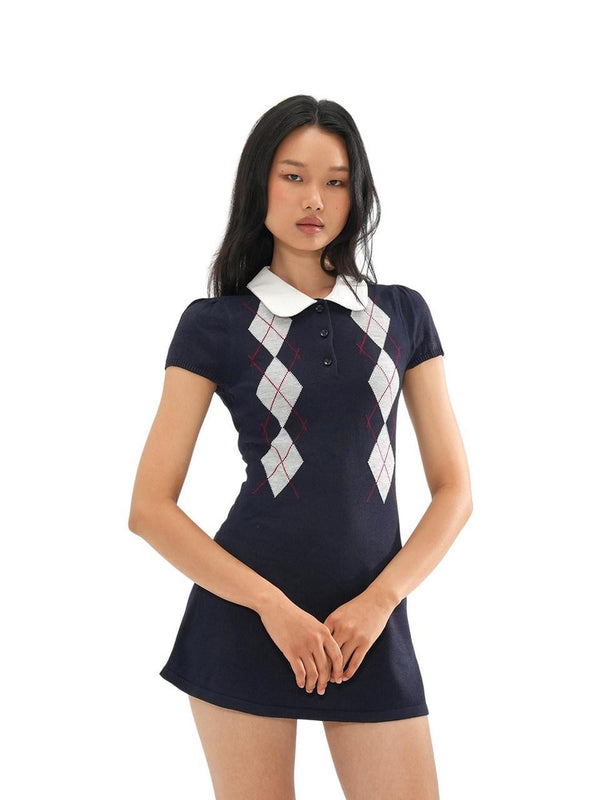 Diamond Contrast Jacquard Round Neck Women's Bodycon Mini Dresses