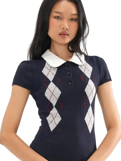 SweetChilling Diamond Contrast Jacquard Round Neck Women&
