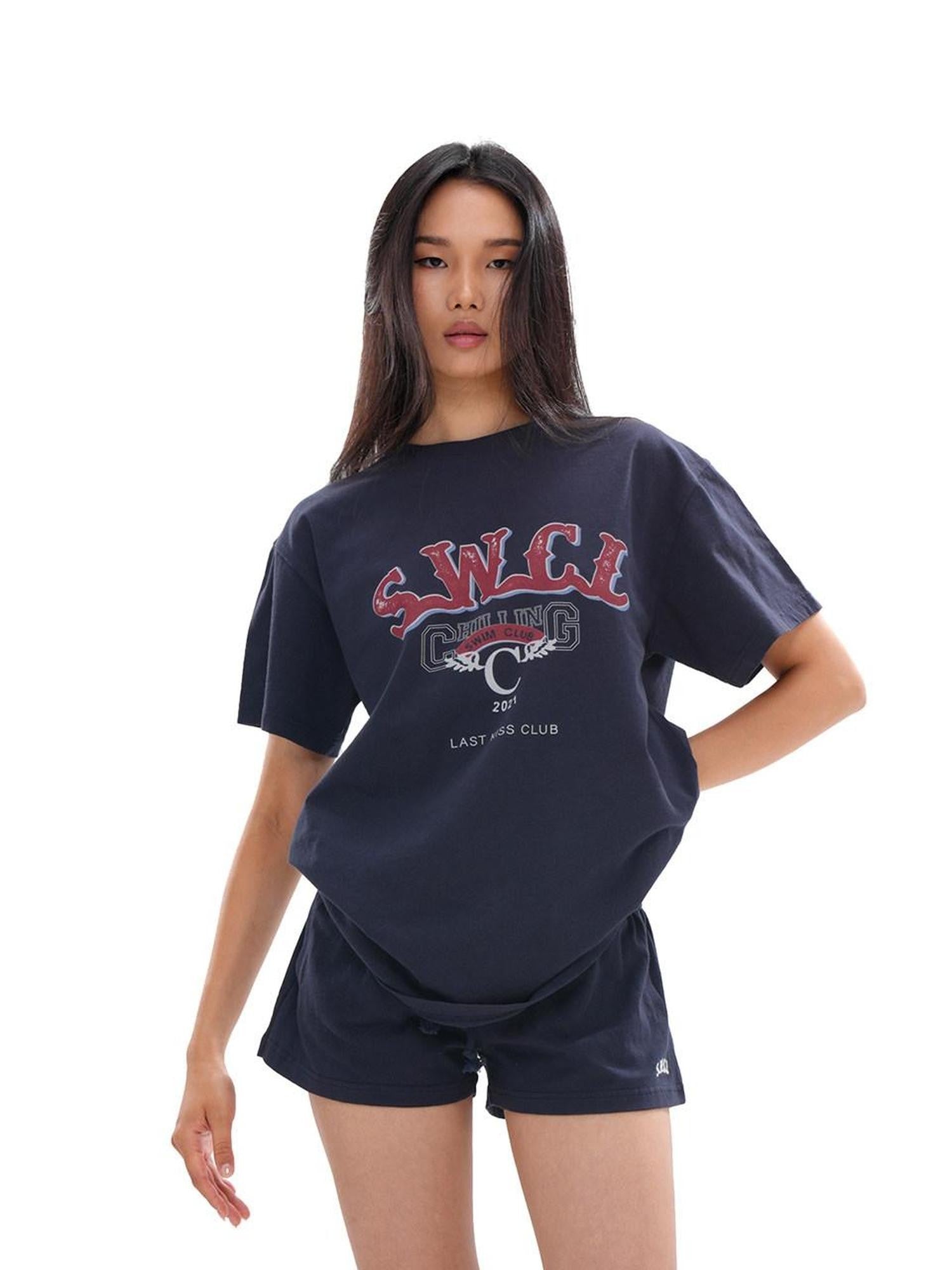 SweetChilling Distressed Print Embroidered Oversized Women&