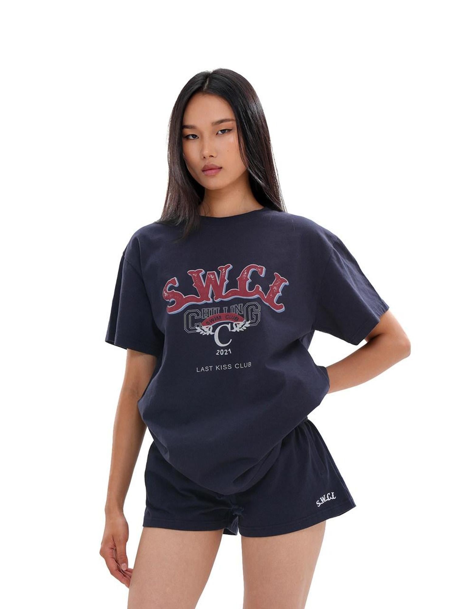 SweetChilling Distressed Print Embroidered Oversized Women&