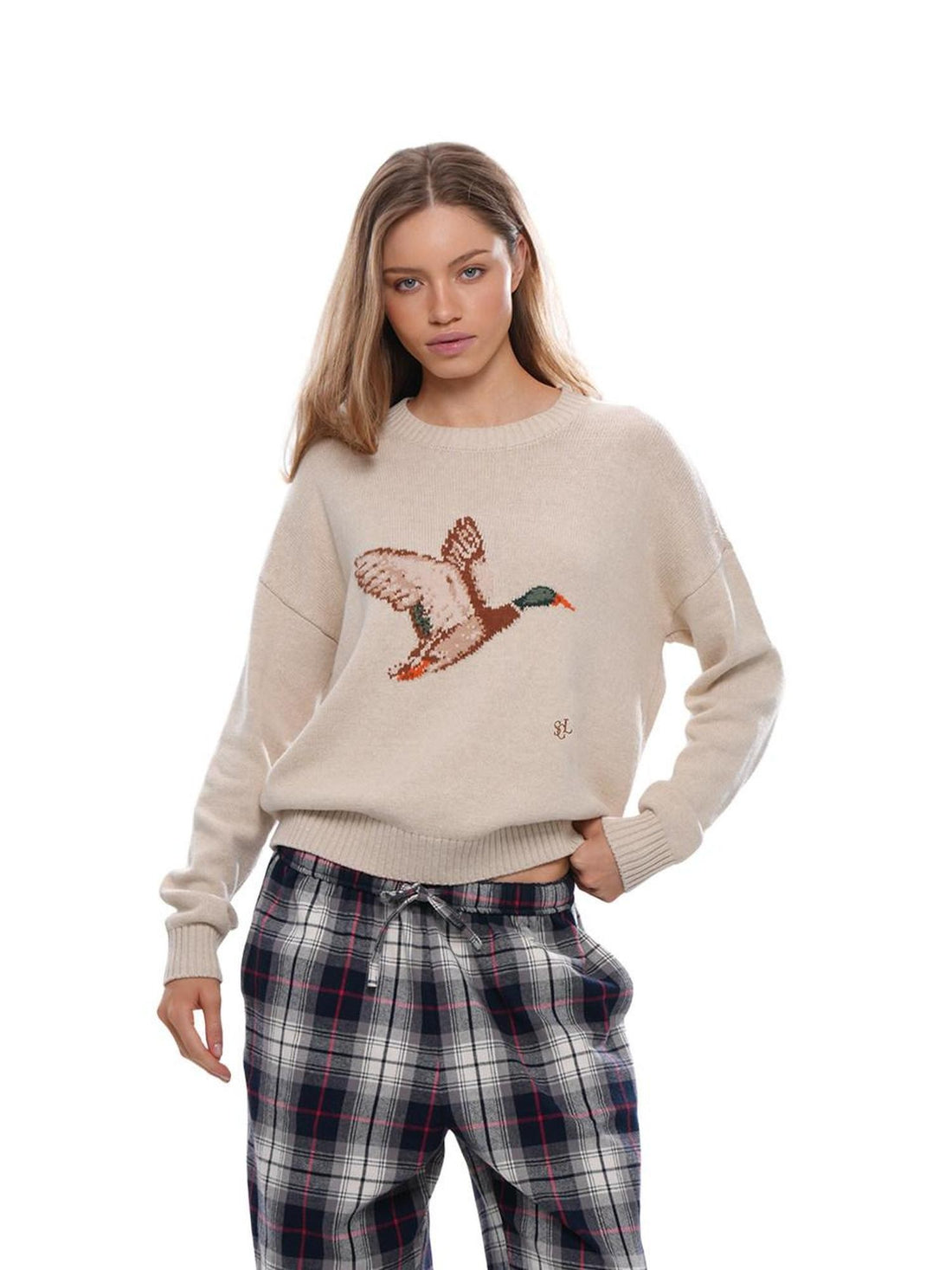 SweetChilling Duck Motif Jacquard Check Women&