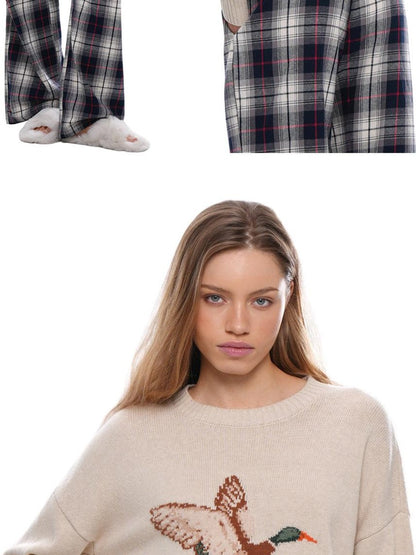SweetChilling Duck Motif Jacquard Check Women&