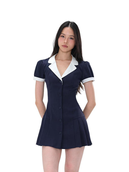 SweetChilling Elegant Pleated Notched Lapel Slim Fit Cotton Women&