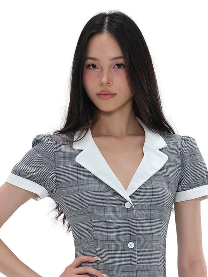 SweetChilling Elegant Pleated Notched Lapel Slim Fit Cotton Women&