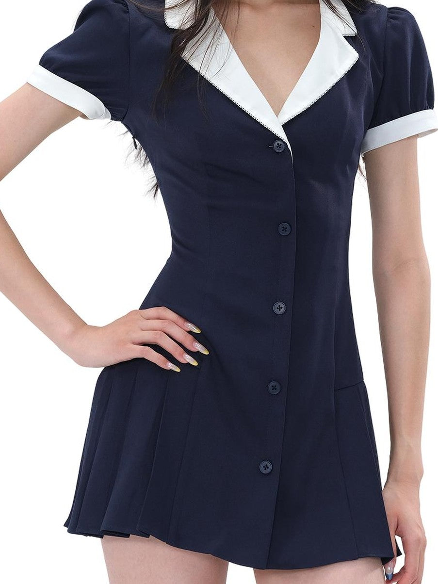 SweetChilling Elegant Pleated Notched Lapel Slim Fit Cotton Women&