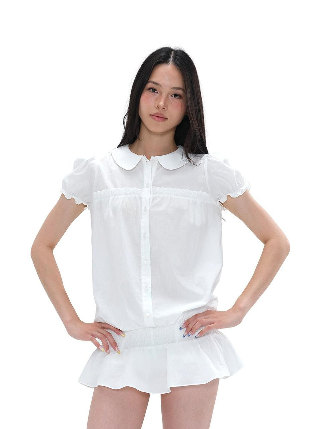 SweetChilling Embroidered Low Waist Shirt Style Loose Fit Short Sleeve Women&