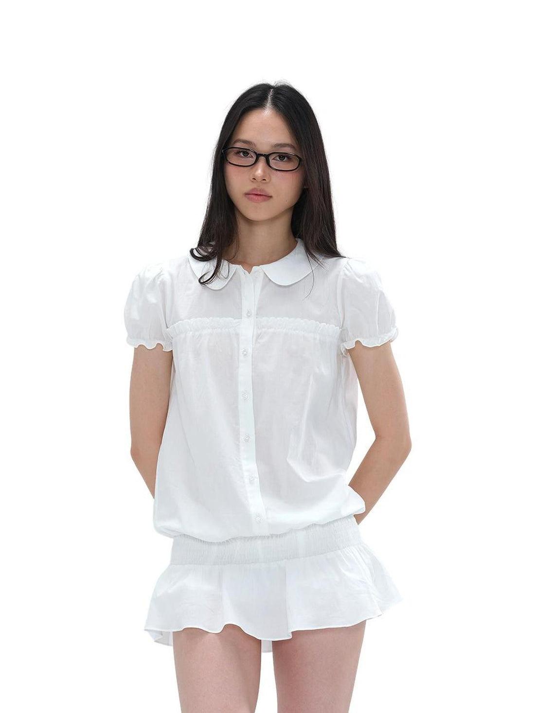 SweetChilling Embroidered Low Waist Shirt Style Loose Fit Short Sleeve Women&