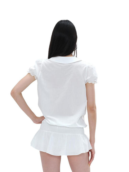 SweetChilling Embroidered Low Waist Shirt Style Loose Fit Short Sleeve Women&