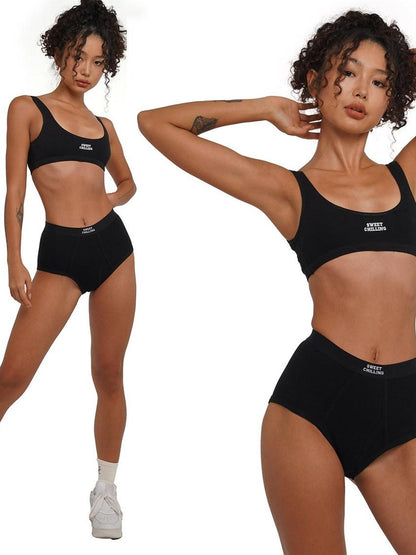 SweetChilling Embroidered Ribbed Fitted Triangle Mid Waist Women&