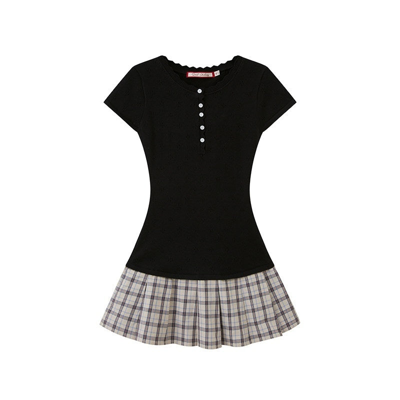 SweetChilling Eyelet Henley Collar Short Sleeve Spliced Women&