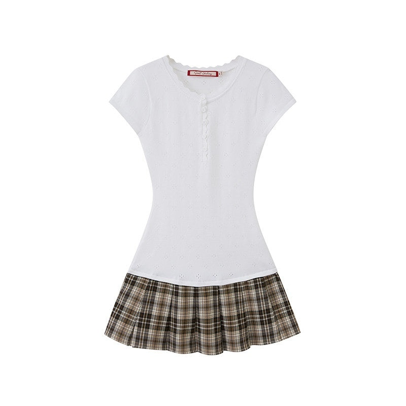 SweetChilling Eyelet Henley Collar Short Sleeve Spliced Women&