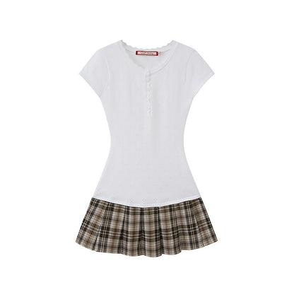 SweetChilling Eyelet Henley Collar Short Sleeve Spliced Women&