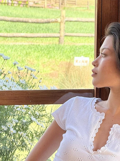 SweetChilling Eyelet Henley Collar Short Sleeve Spliced Women&