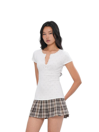 SweetChilling Eyelet Henley Collar Short Sleeve Spliced Women&