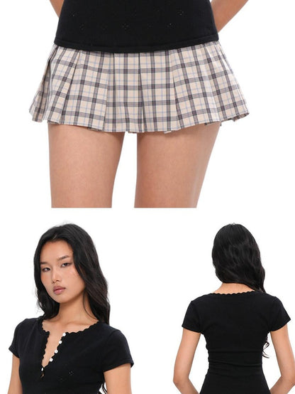 SweetChilling Eyelet Henley Collar Short Sleeve Spliced Women&