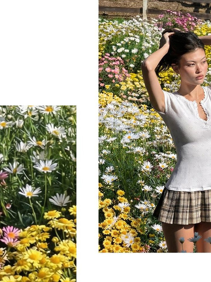 SweetChilling Eyelet Henley Collar Short Sleeve Spliced Women&