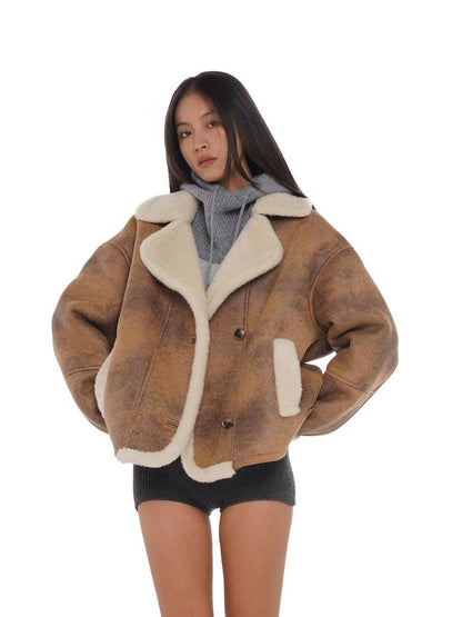 SweetChilling Faux Shearling Lapel Oversized Short Women&