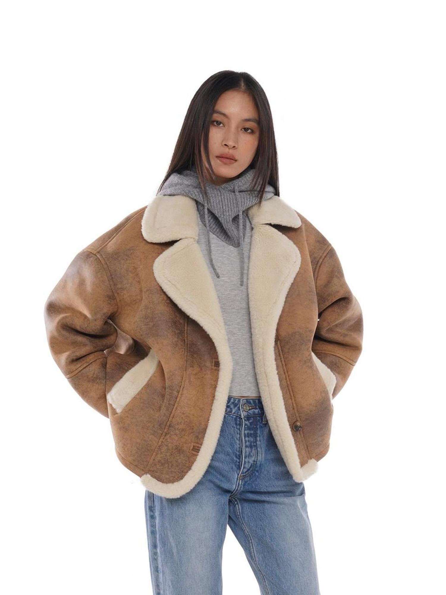 SweetChilling Faux Shearling Lapel Oversized Short Women&