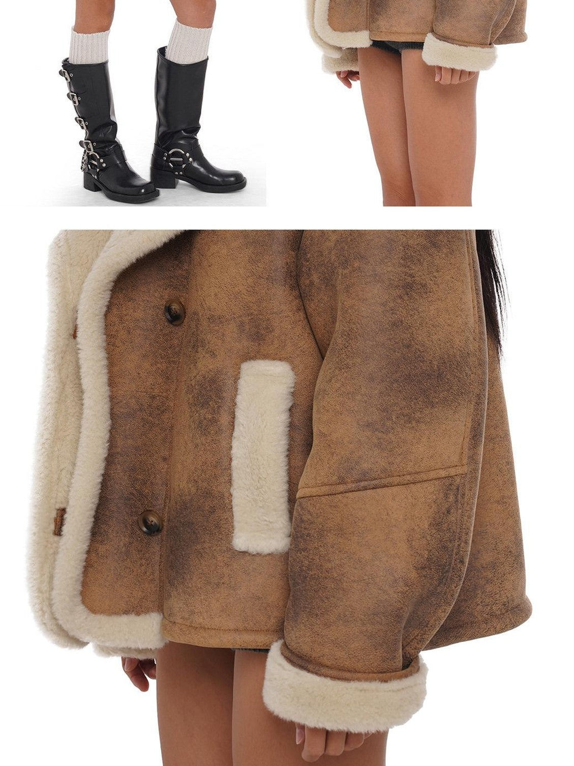 SweetChilling Faux Shearling Lapel Oversized Short Women&