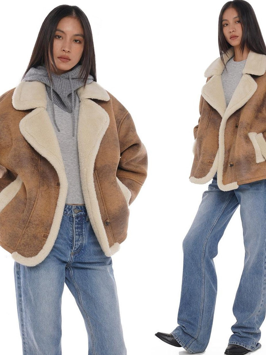 SweetChilling Faux Shearling Lapel Oversized Short Women&