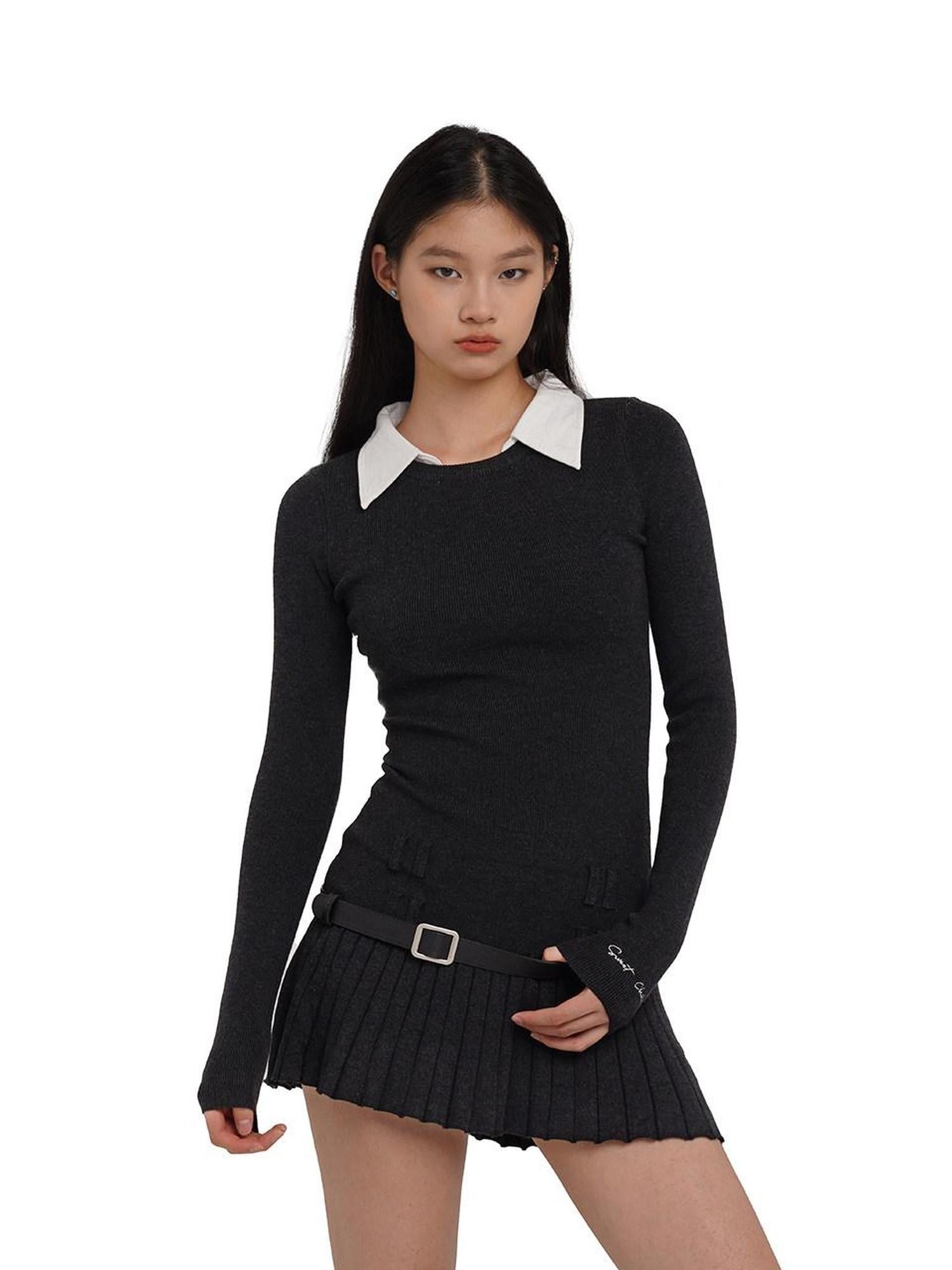 SweetChilling Faux Shirt Collar Pleated Belted Slim Women&