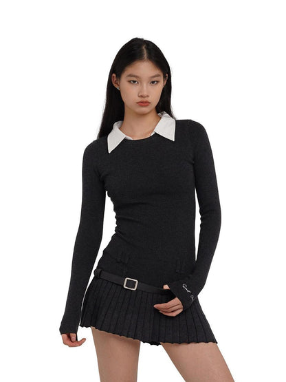 SweetChilling Faux Shirt Collar Pleated Belted Slim Women&