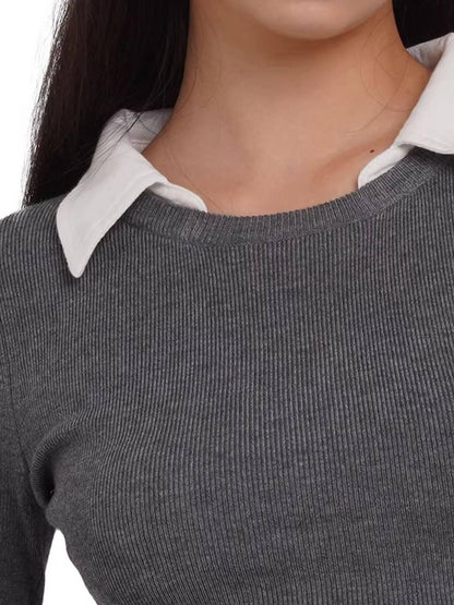 SweetChilling Faux Shirt Collar Pleated Belted Slim Women&