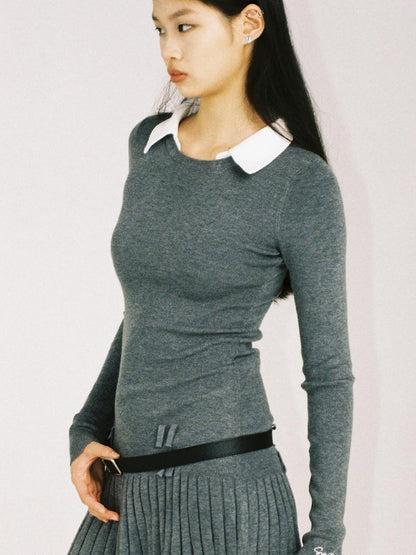 SweetChilling Faux Shirt Collar Pleated Belted Slim Women&
