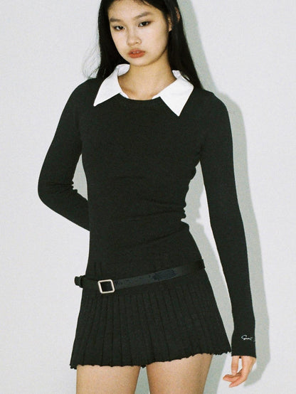 SweetChilling Faux Shirt Collar Pleated Belted Slim Women&