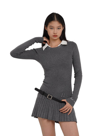 SweetChilling Faux Shirt Collar Pleated Belted Slim Women&