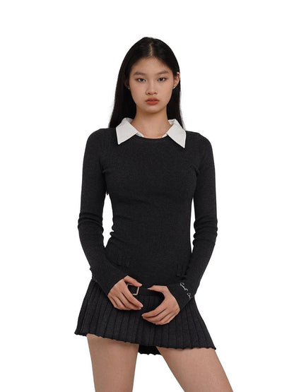 SweetChilling Faux Shirt Collar Pleated Belted Slim Women&