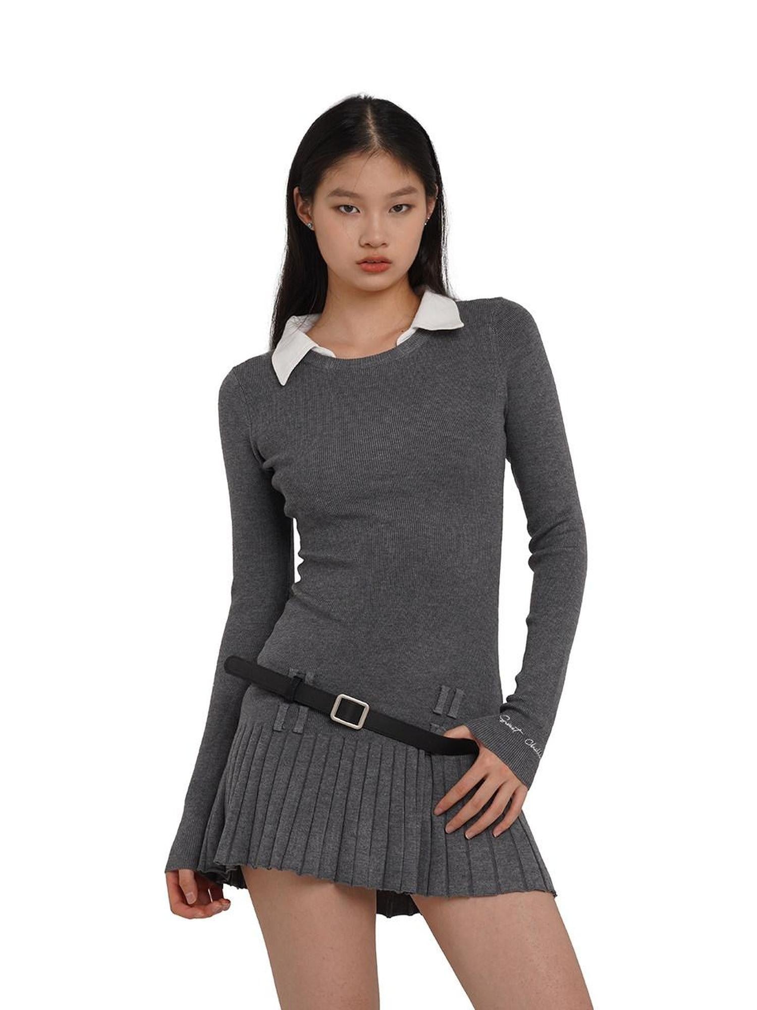 SweetChilling Faux Shirt Collar Pleated Belted Slim Women&