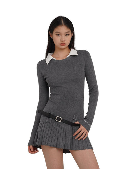 SweetChilling Faux Shirt Collar Pleated Belted Slim Women&