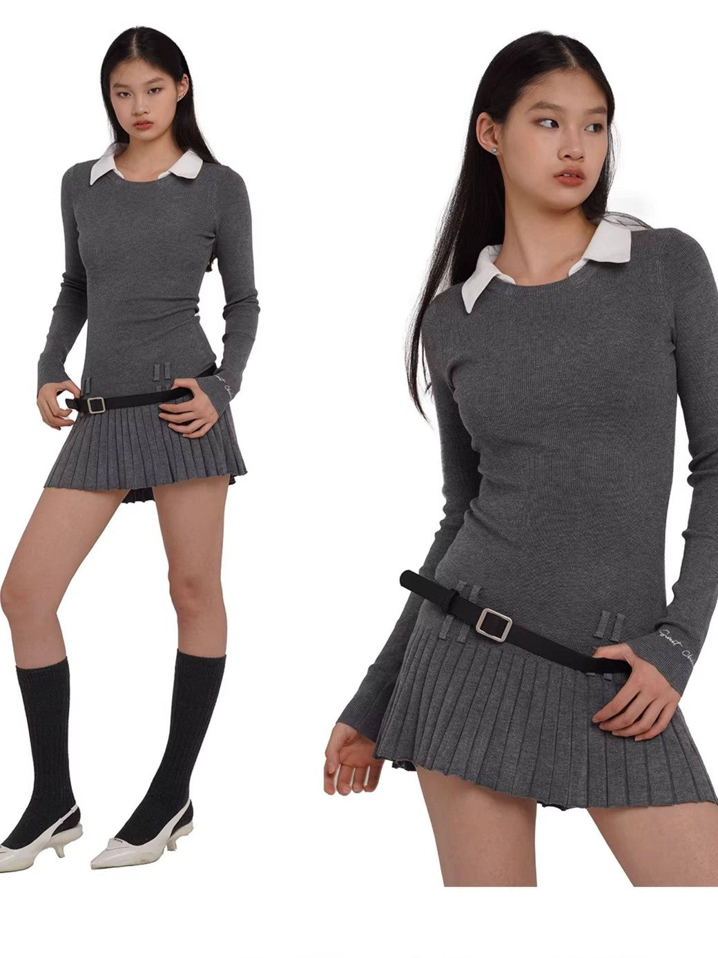 SweetChilling Faux Shirt Collar Pleated Belted Slim Women&
