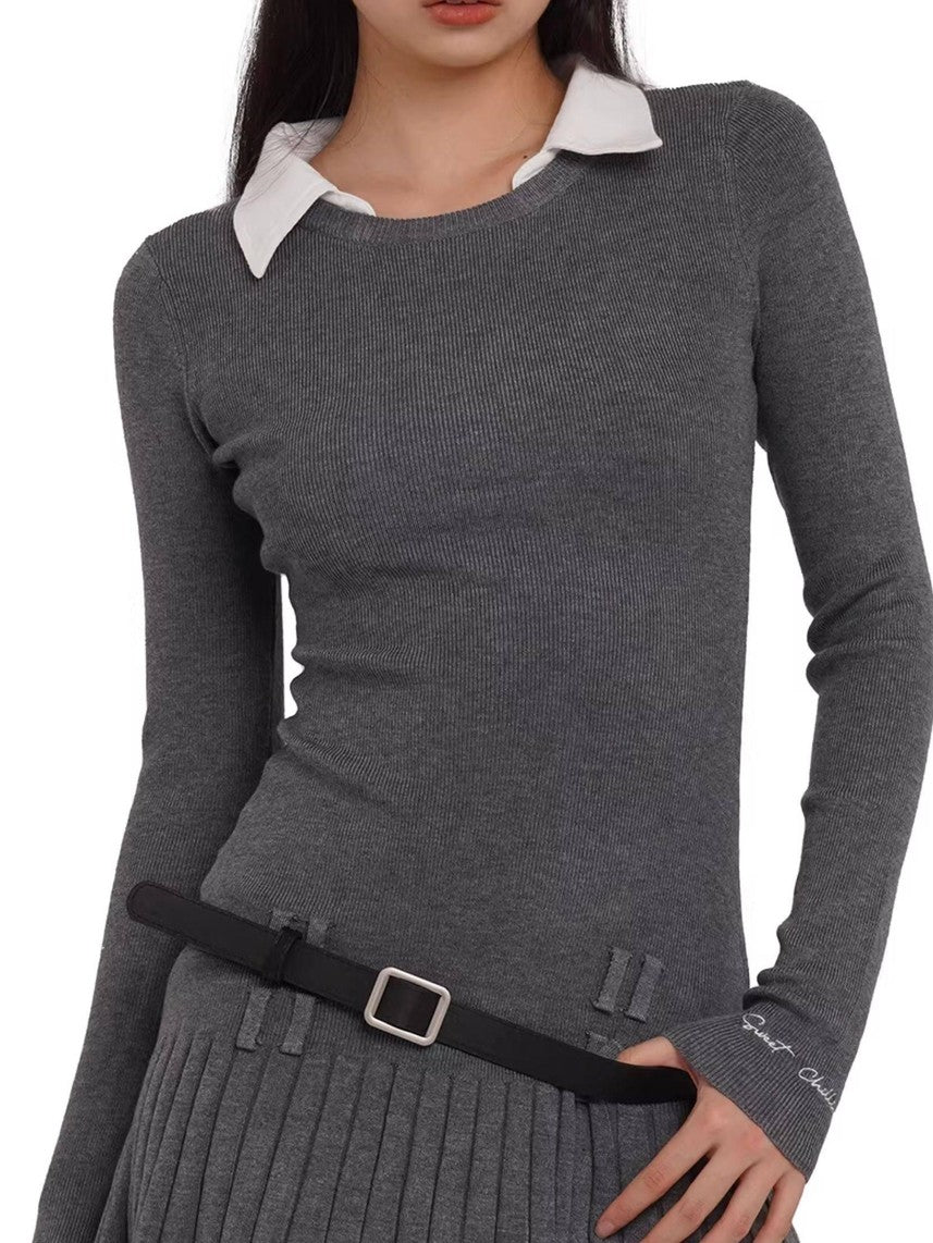 SweetChilling Faux Shirt Collar Pleated Belted Slim Women&