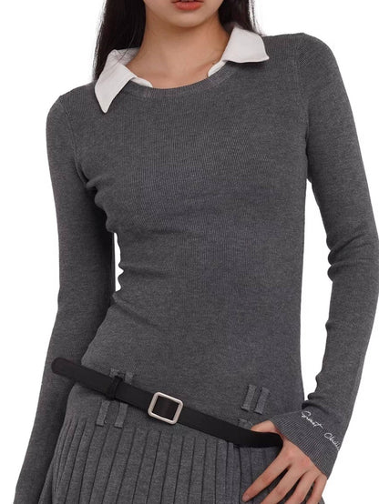 SweetChilling Faux Shirt Collar Pleated Belted Slim Women&