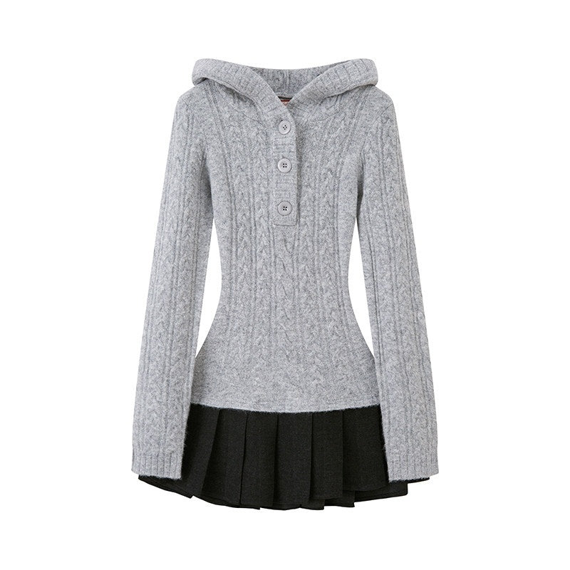 SweetChilling Festive Hooded Knit Panel Waist Cinch Pleated Women&