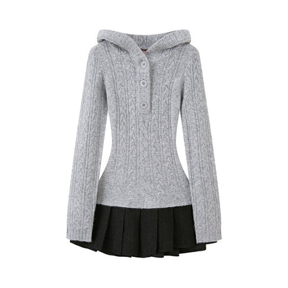 SweetChilling Festive Hooded Knit Panel Waist Cinch Pleated Women&