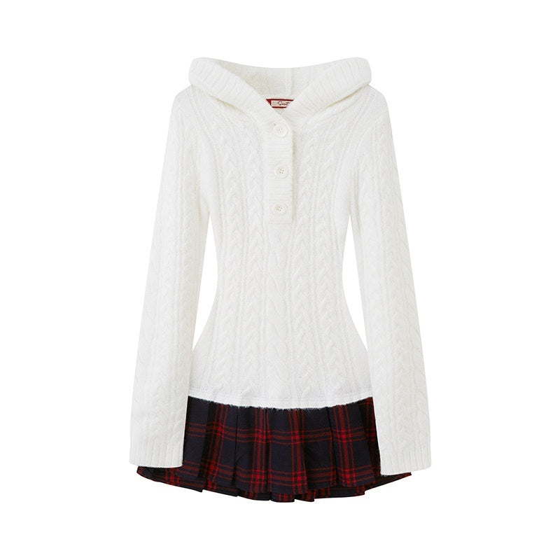 SweetChilling Festive Hooded Knit Panel Waist Cinch Pleated Women&