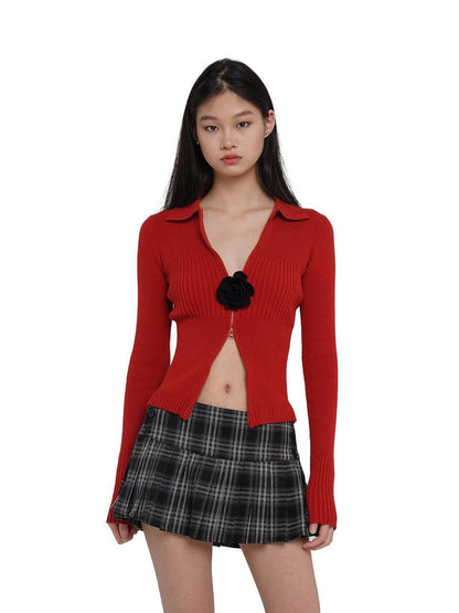 SweetChilling Flower Brooch Knit Two Way Zipper Slim Fit Women&