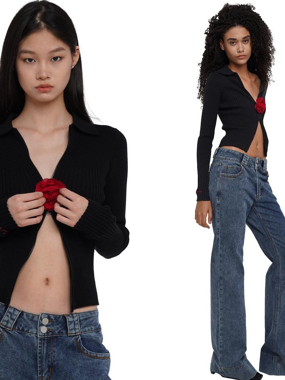 SweetChilling Flower Brooch Knit Two Way Zipper Slim Fit Women&