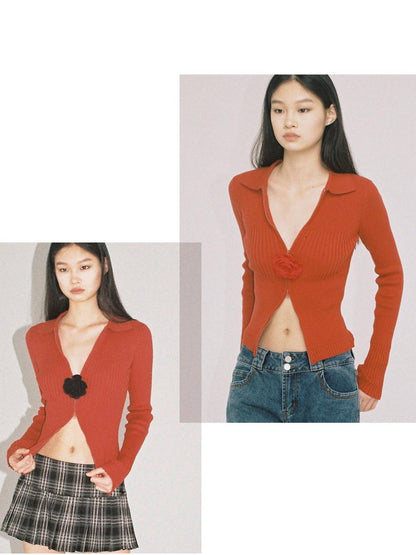 SweetChilling Flower Brooch Knit Two Way Zipper Slim Fit Women&