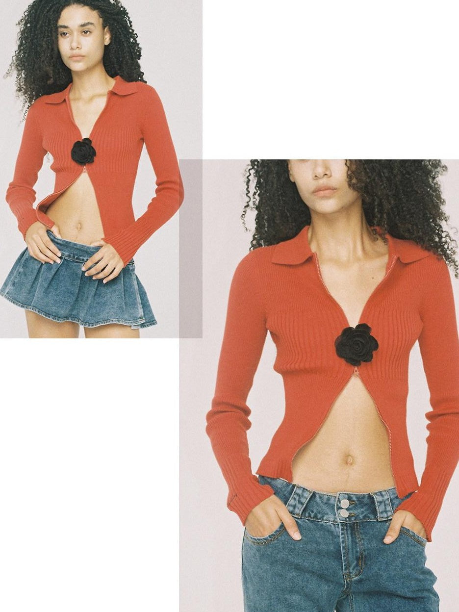 SweetChilling Flower Brooch Knit Two Way Zipper Slim Fit Women&