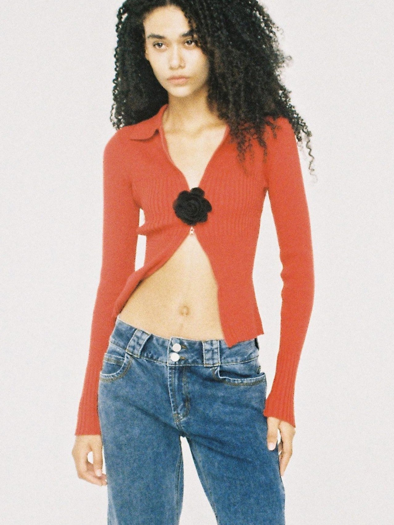 SweetChilling Flower Brooch Knit Two Way Zipper Slim Fit Women&